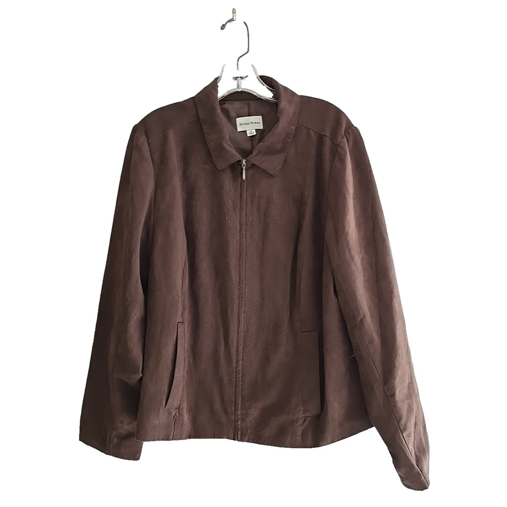 Studio Works Brown Suede Zip Front Pockets Long Sleeve Jacket Womans Size 18
